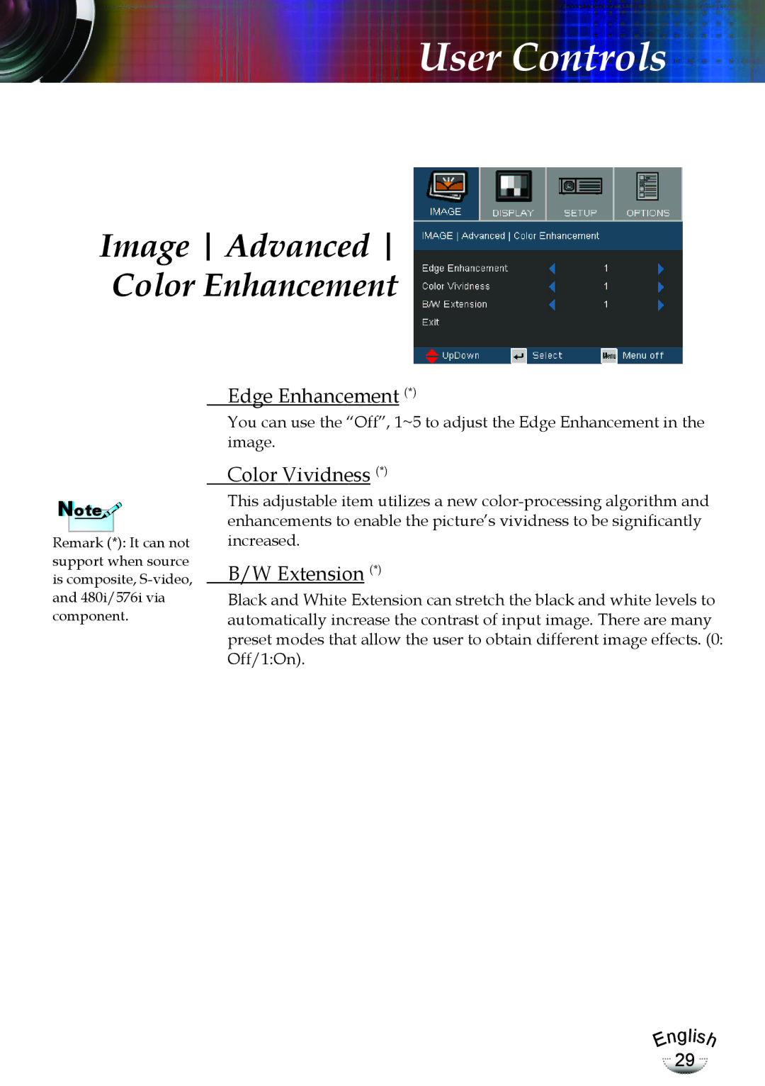 Optoma Technology EP783, TX783RFBA manual Image Advanced Color Enhancement, Edge Enhancement, Color Vividness, Extension 