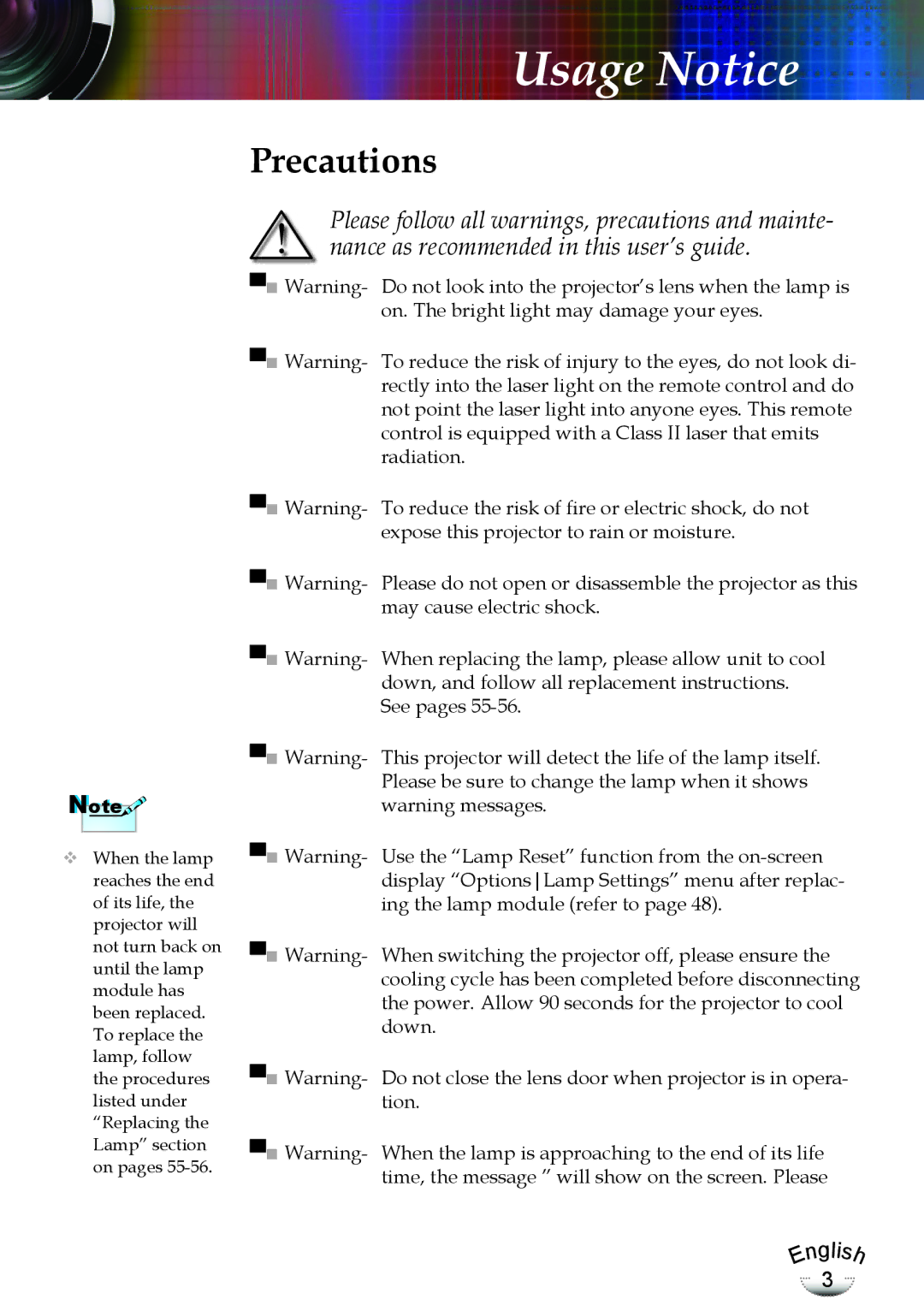 Optoma Technology EP783, TX783RFBA manual Precautions 