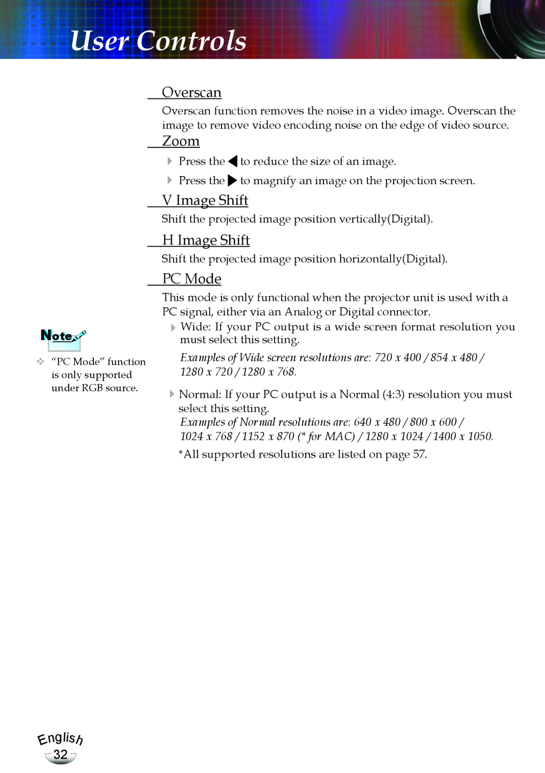 Optoma Technology TX783RFBA, EP783 manual Overscan, Zoom, Image Shift, PC Mode 