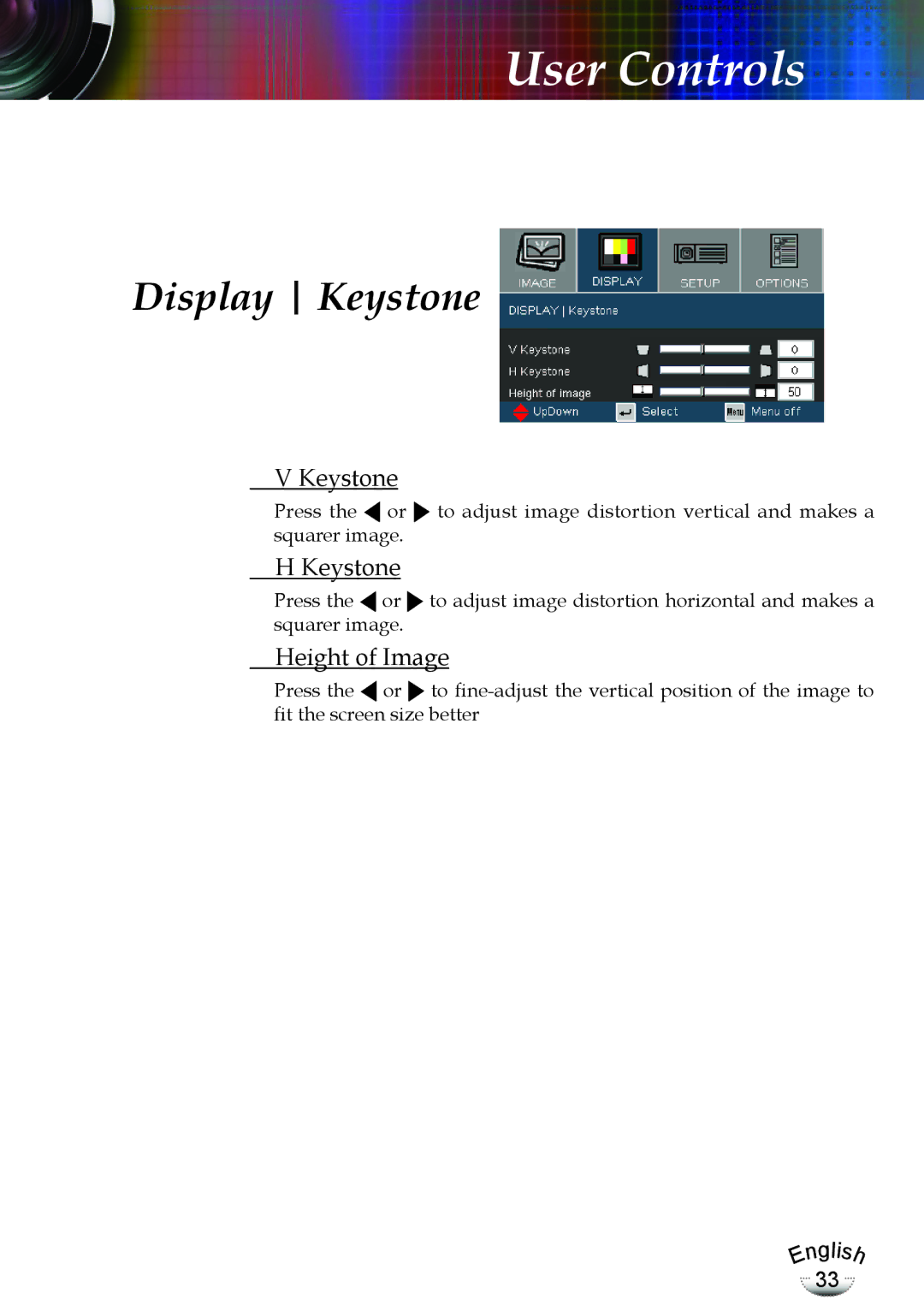 Optoma Technology EP783, TX783RFBA manual Display Keystone, Height of Image 