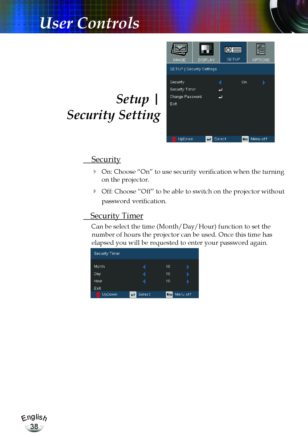 Optoma Technology TX783RFBA, EP783 manual Setup Security Setting, Security Timer 