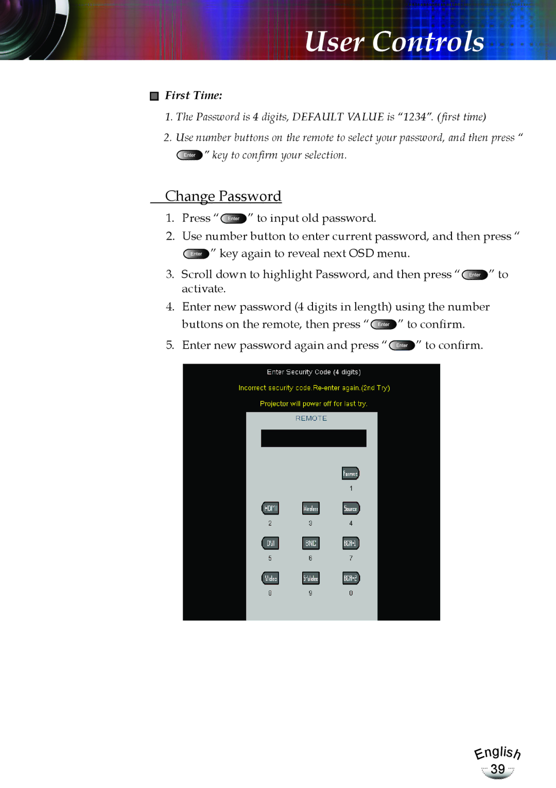 Optoma Technology EP783, TX783RFBA manual Change Password, First Time 