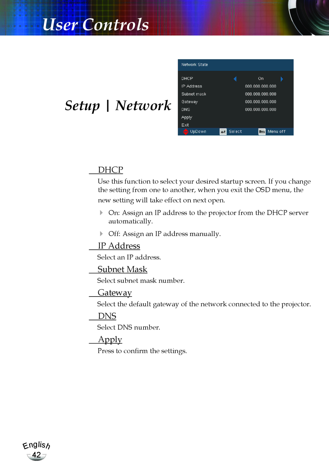 Optoma Technology TX783RFBA, EP783 manual Setup Network, IP Address, Subnet Mask, Gateway, Apply 