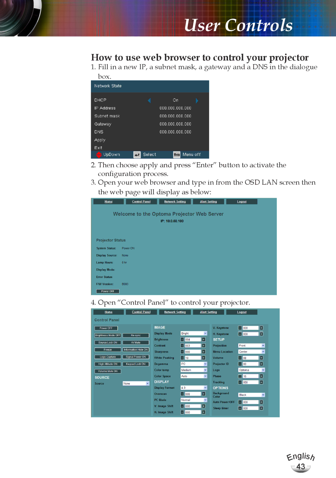 Optoma Technology EP783, TX783RFBA manual How to use web browser to control your projector 