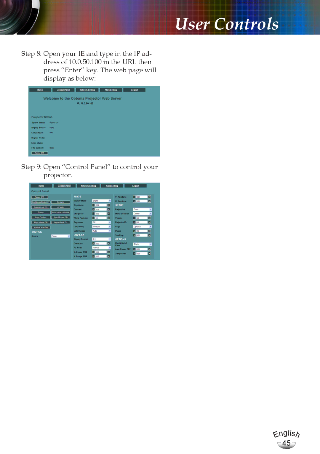 Optoma Technology EP783, TX783RFBA manual User Controls 