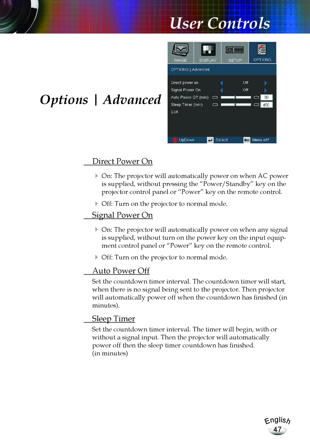 Optoma Technology EP783, TX783RFBA manual Options Advanced, Direct Power On, Signal Power On, Auto Power Off, Sleep Timer 