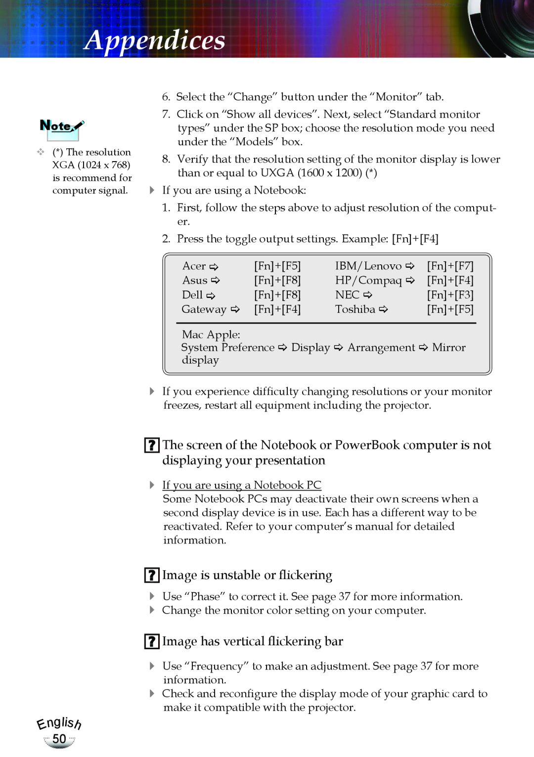 Optoma Technology TX783RFBA, EP783 manual Image is unstable or flickering 