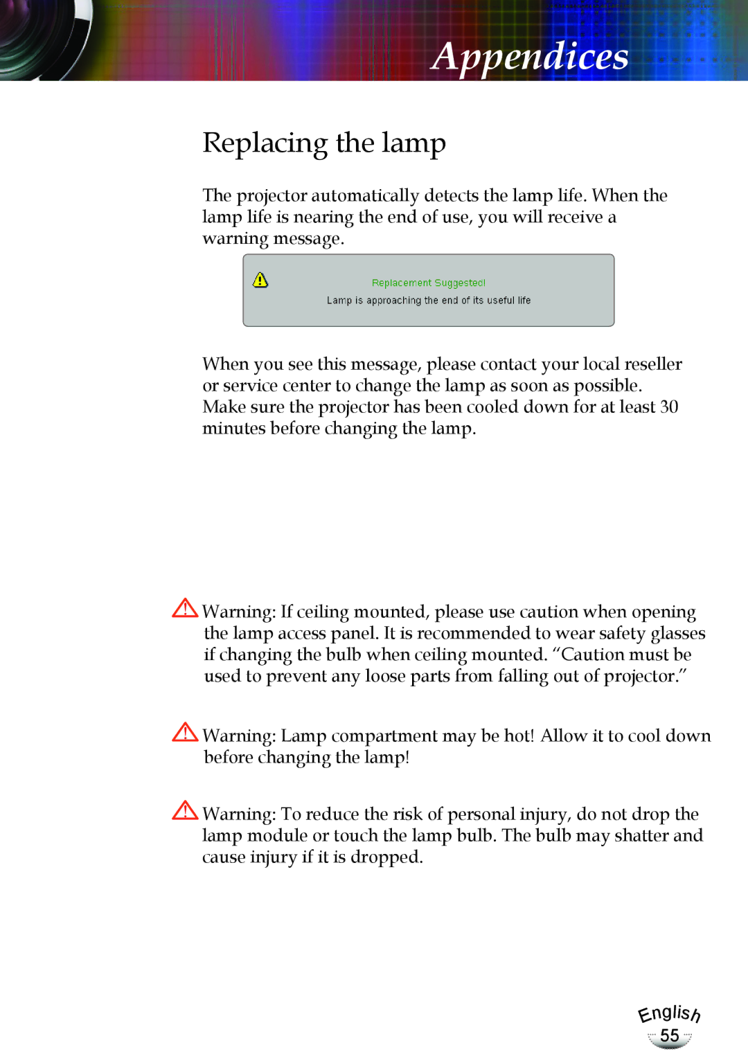 Optoma Technology EP783, TX783RFBA manual Replacing the lamp 