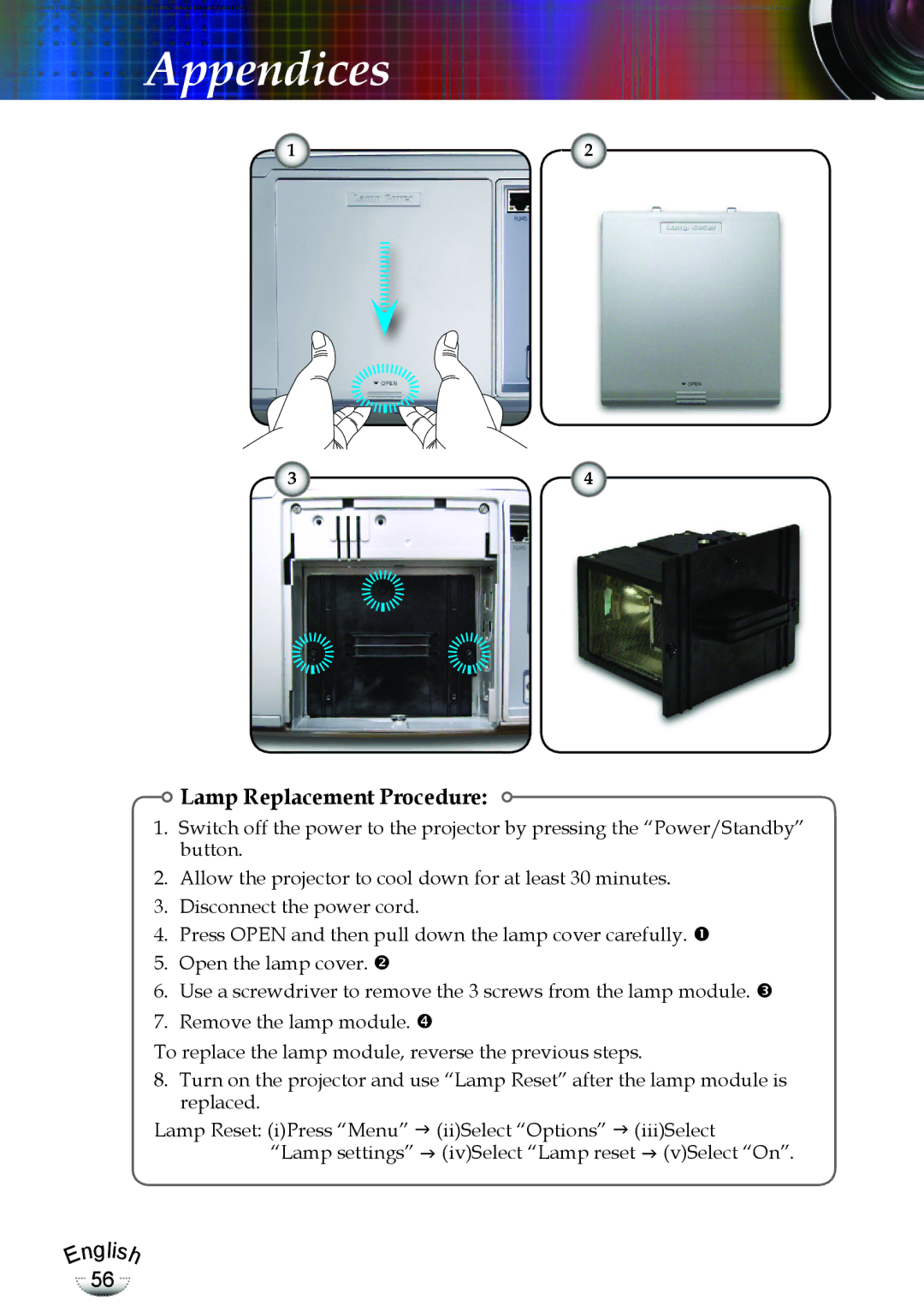 Optoma Technology TX783RFBA, EP783 manual Lamp Replacement Procedure 