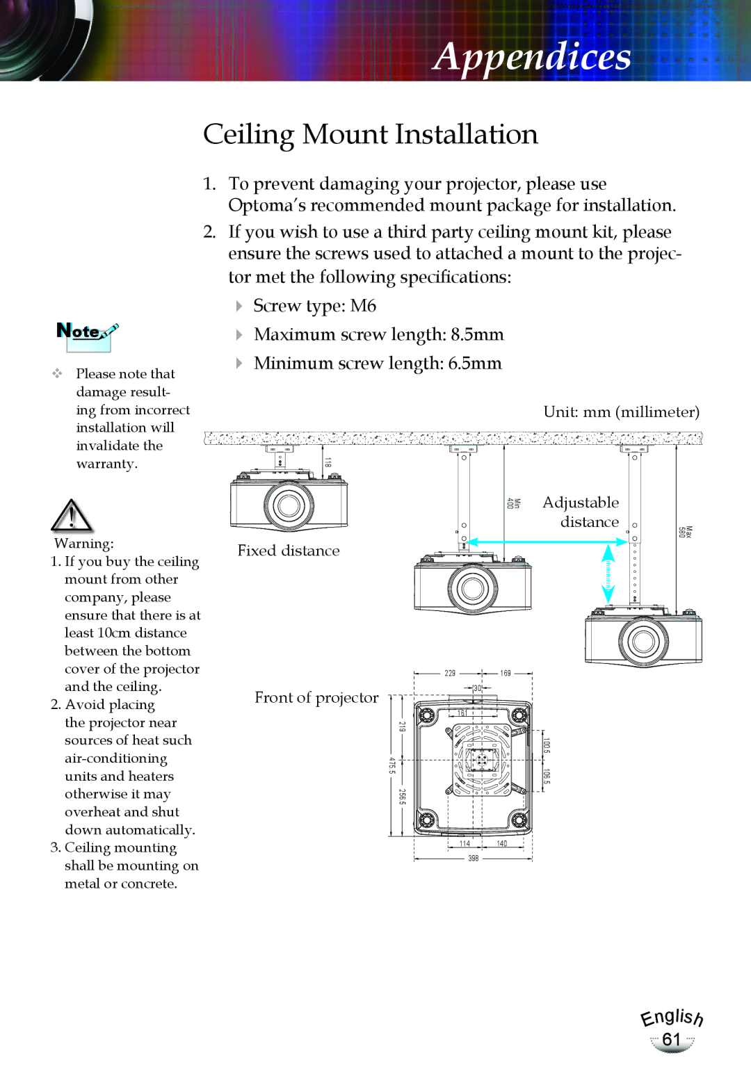 Optoma Technology EP783, TX783RFBA manual Ceiling Mount Installation 