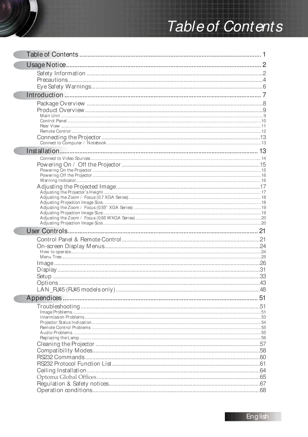 Optoma Technology TXR774 manual Table of Contents 