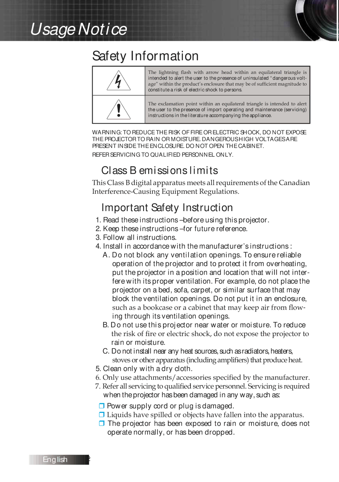 Optoma Technology TXR774 manual Safety Information, Important Safety Instruction 