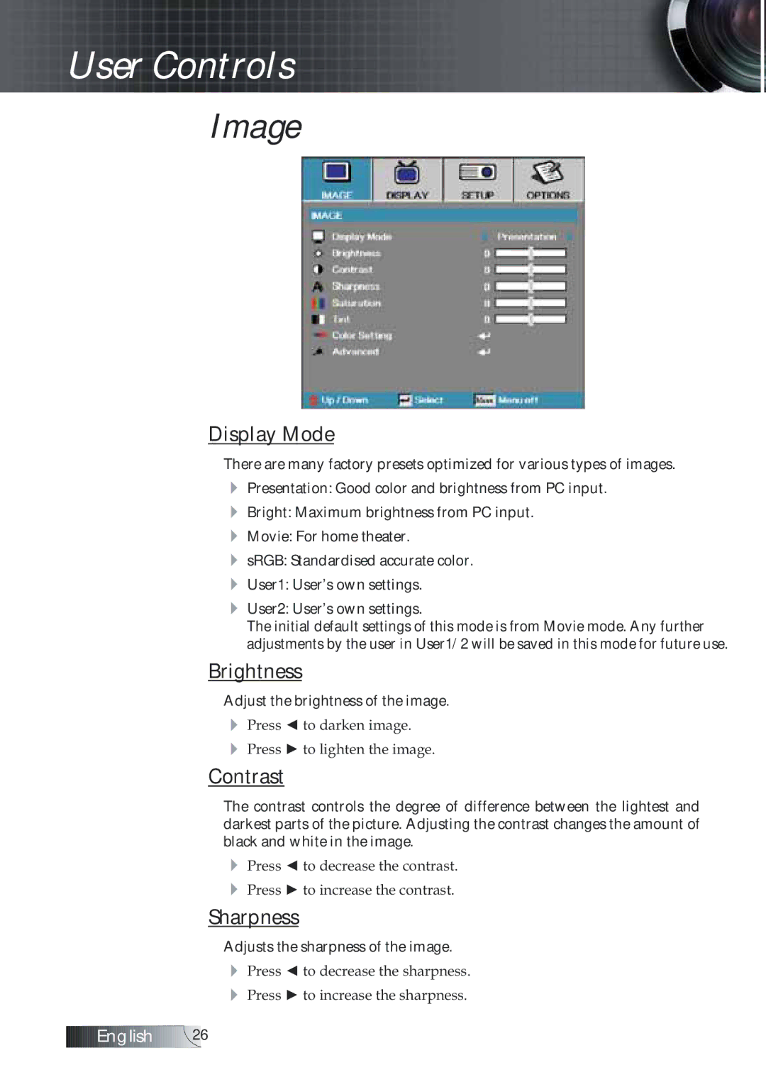 Optoma Technology TXR774 manual Image, Display Mode, Brightness, Contrast, Sharpness 