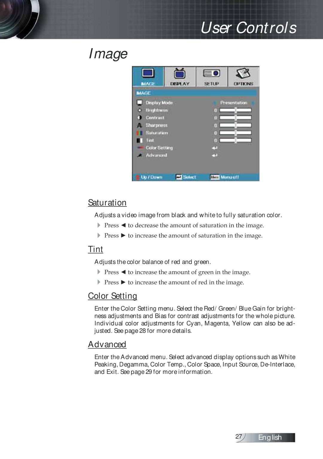 Optoma Technology TXR774 manual Saturation, Tint, Color Setting, Advanced 