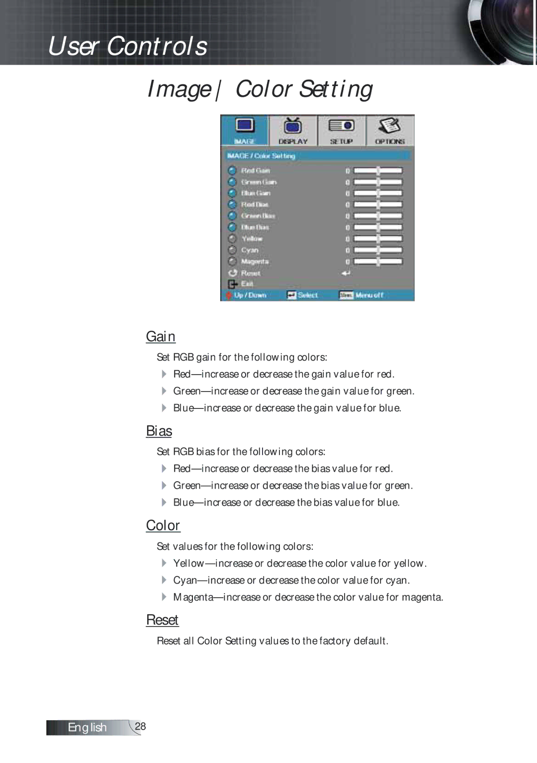 Optoma Technology TXR774 manual Image Color Setting, Gain, Bias, Reset 