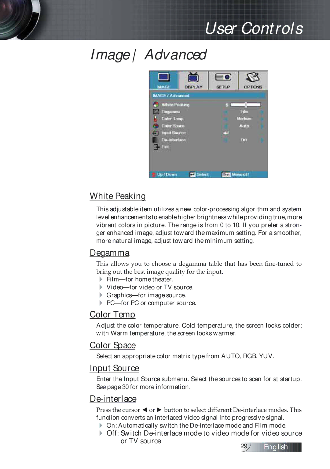 Optoma Technology TXR774 manual Image Advanced 