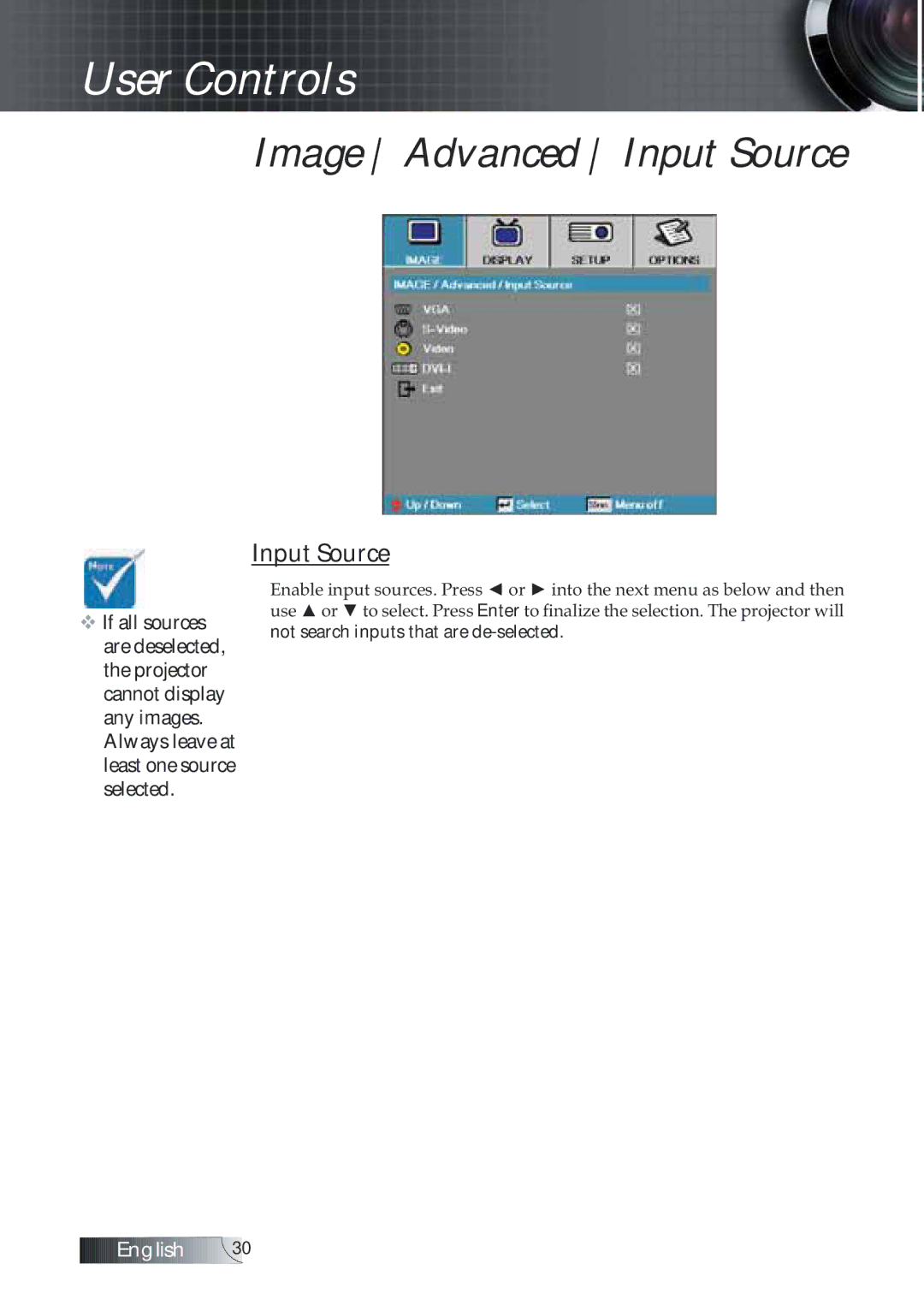 Optoma Technology TXR774 manual Image Advanced Input Source 