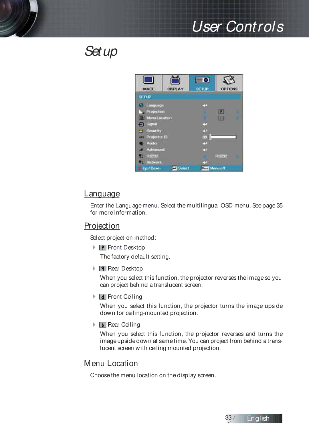 Optoma Technology TXR774 manual Setup, Language, Projection, Menu Location 