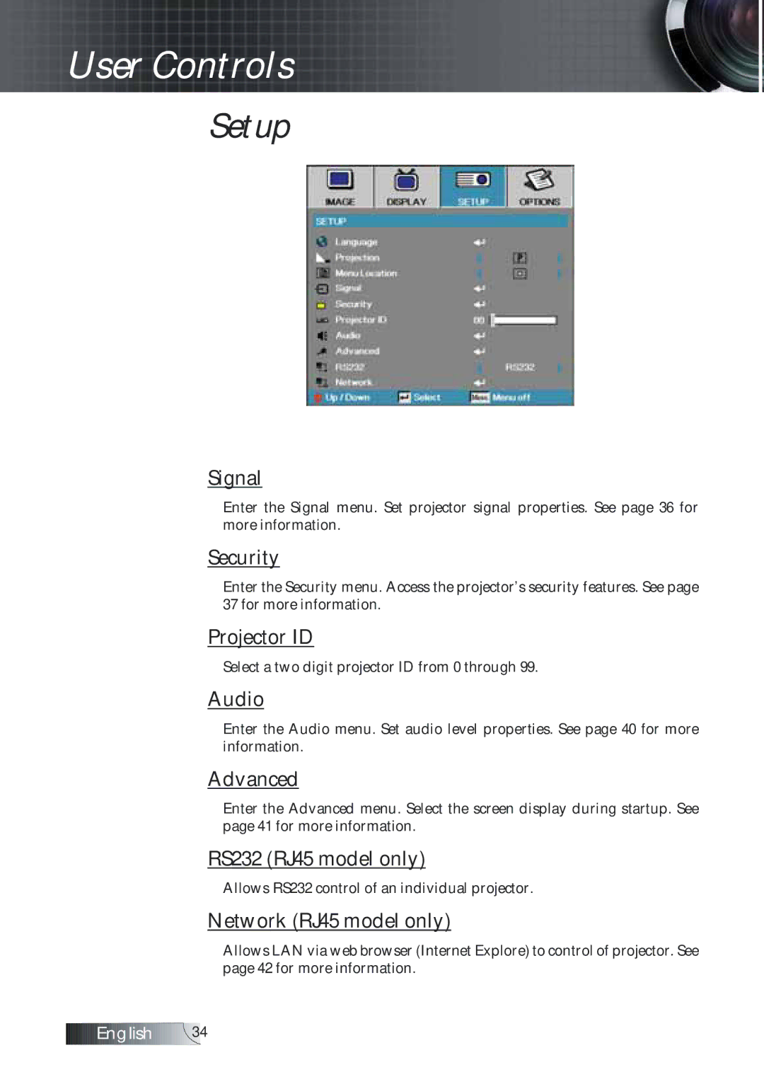 Optoma Technology TXR774 manual Signal, Security, Projector ID, Audio, RS232 RJ45 model only, Network RJ45 model only 