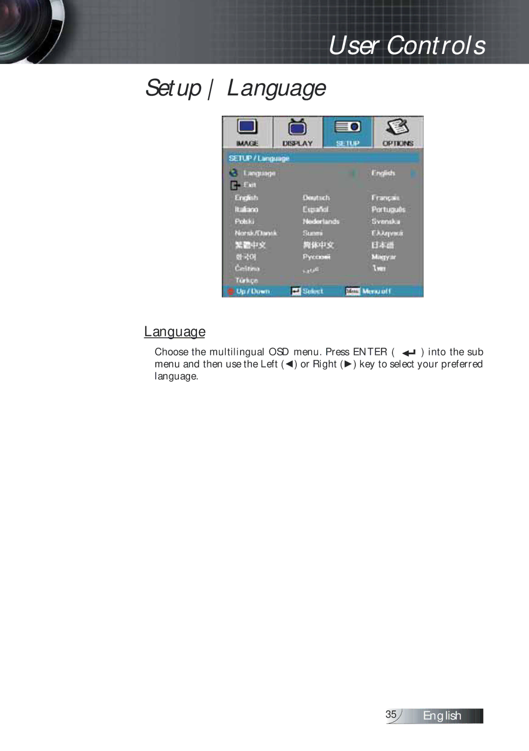 Optoma Technology TXR774 manual Setup Language 