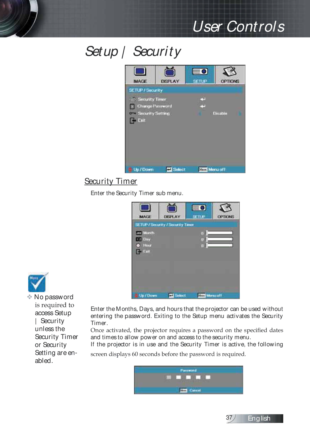 Optoma Technology TXR774 manual Setup Security, Security Timer 