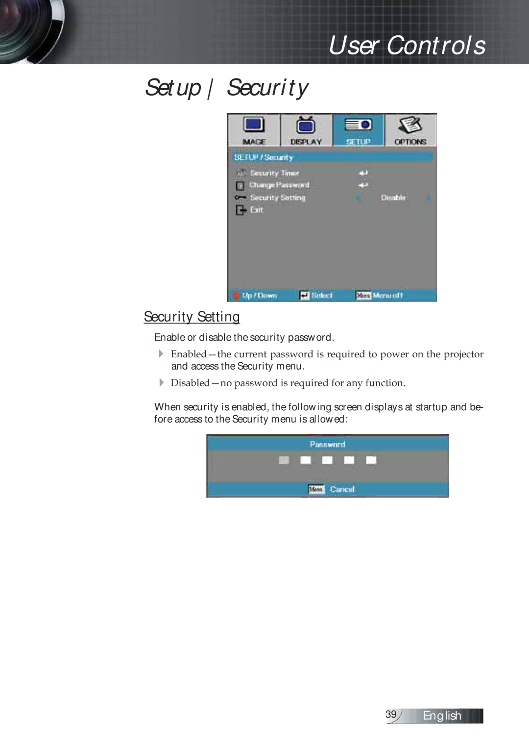 Optoma Technology TXR774 manual Security Setting, Enable or disable the security password 