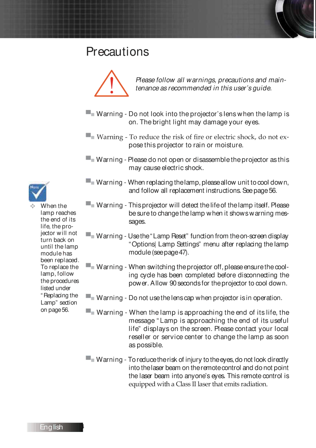 Optoma Technology TXR774 manual Precautions 