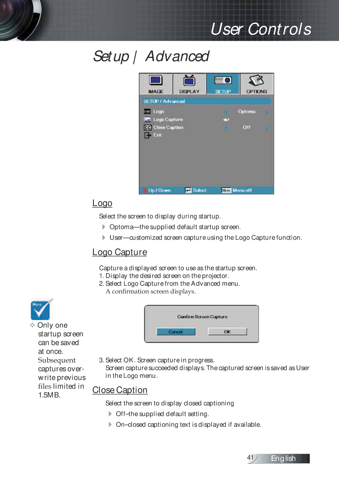 Optoma Technology TXR774 manual Setup Advanced, Logo Capture, Close Caption 