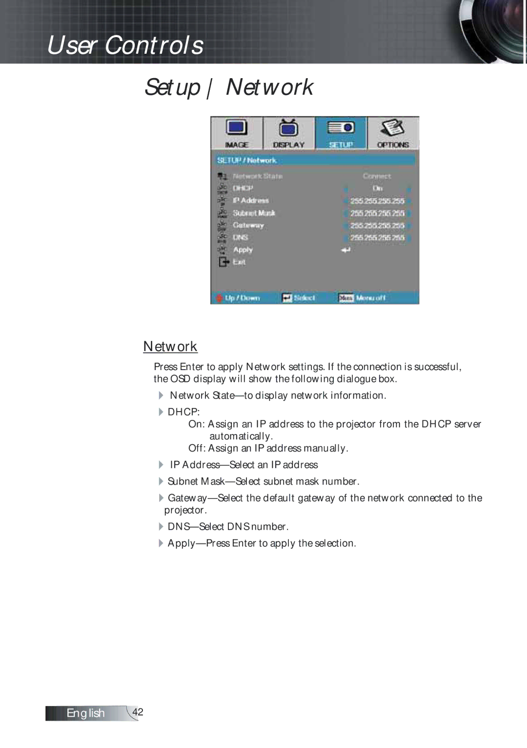 Optoma Technology TXR774 manual Setup Network 