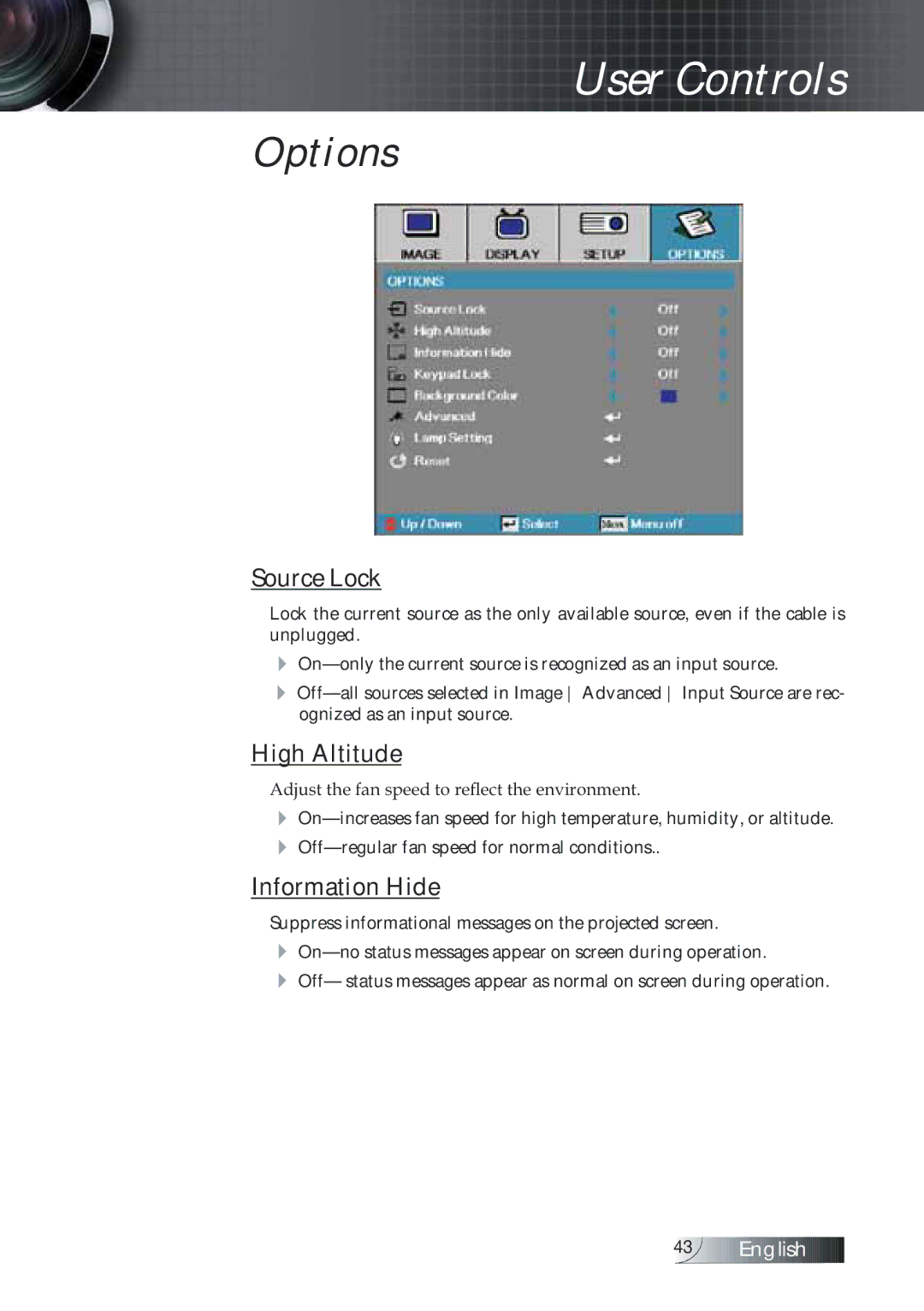 Optoma Technology TXR774 manual Options, Source Lock, High Altitude, Information Hide 