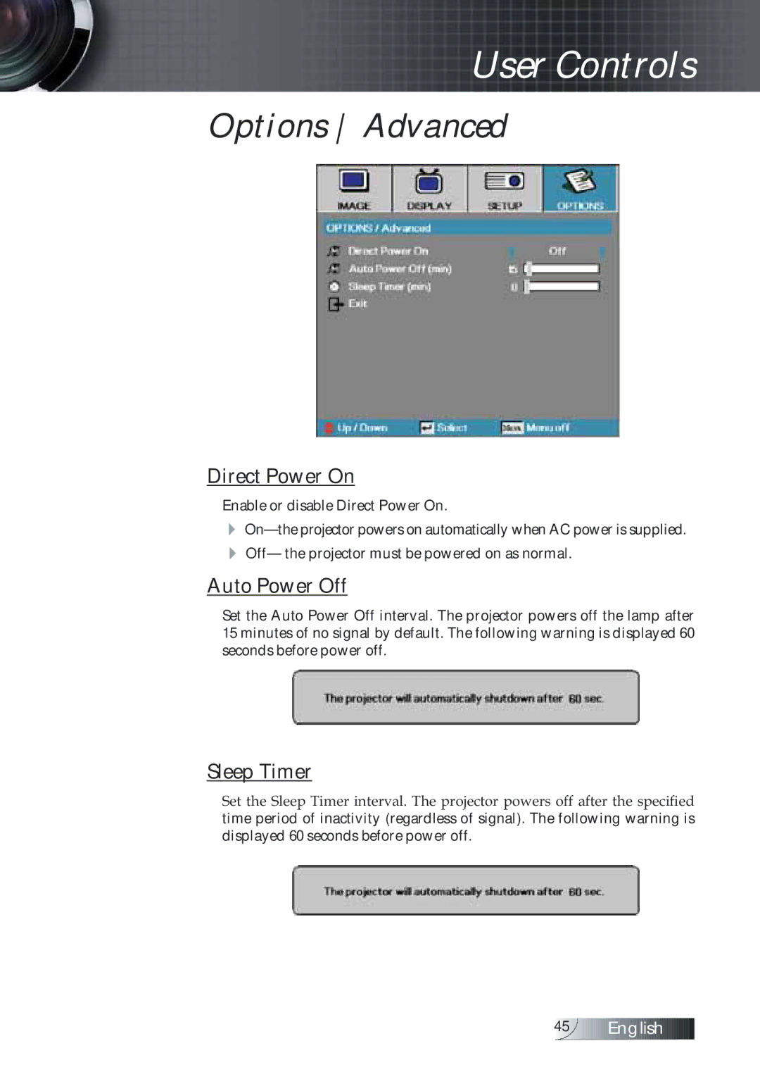 Optoma Technology TXR774 manual Options Advanced, Direct Power On, Auto Power Off, Sleep Timer 