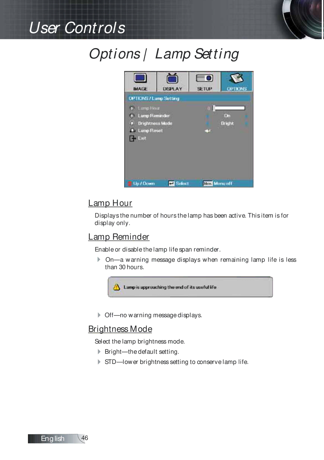 Optoma Technology TXR774 manual Options Lamp Setting, Lamp Hour, Lamp Reminder, Brightness Mode 