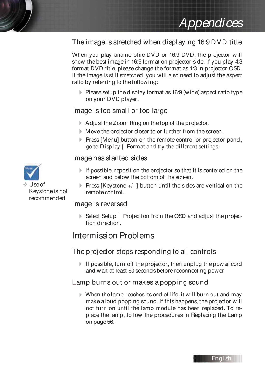 Optoma Technology TXR774 manual Intermission Problems, Image is stretched when displaying 169 DVD title 