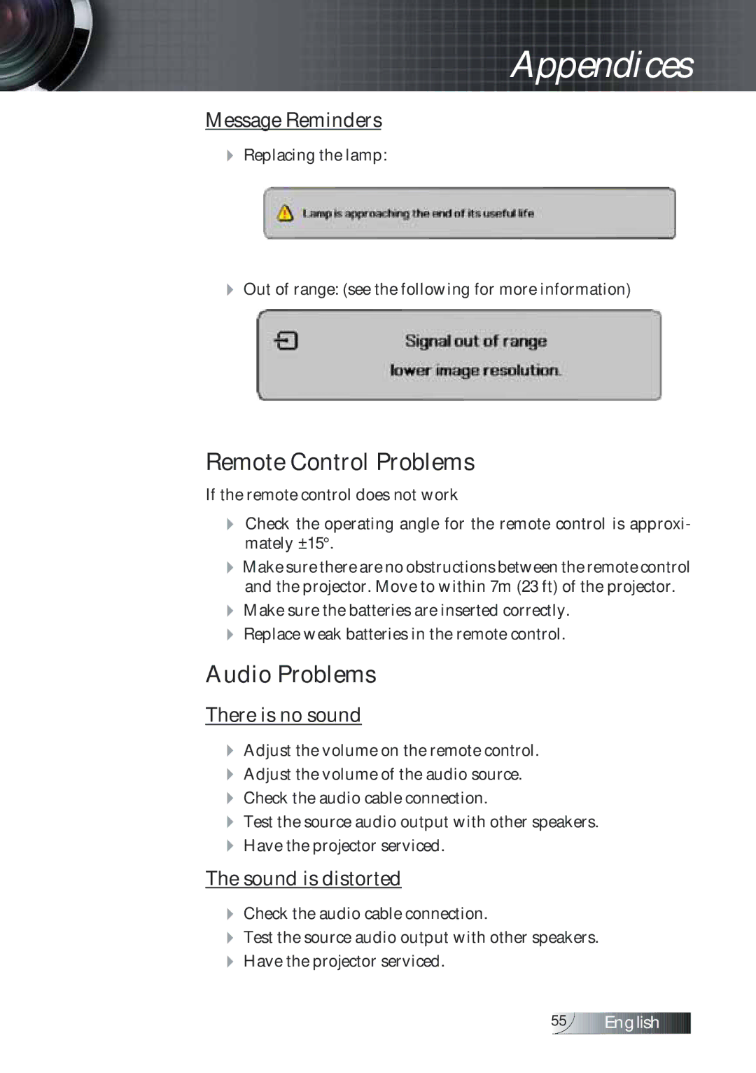 Optoma Technology TXR774 manual Message Reminders, There is no sound, Sound is distorted 