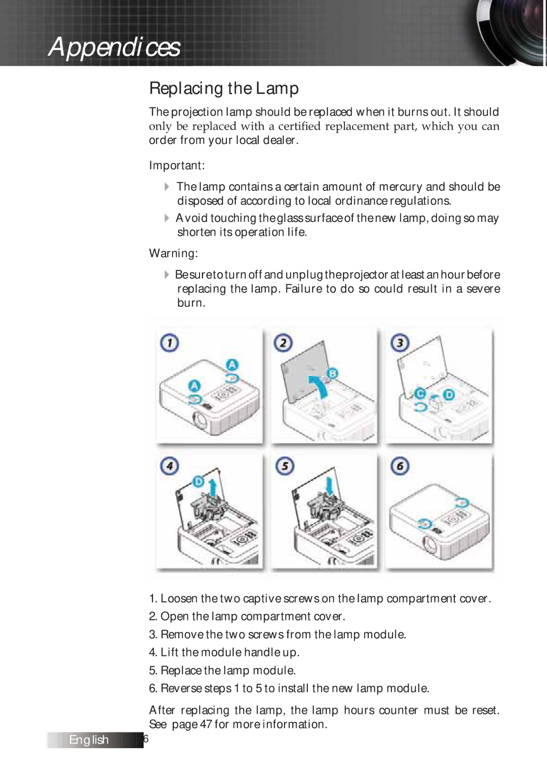 Optoma Technology TXR774 manual Replacing the Lamp 