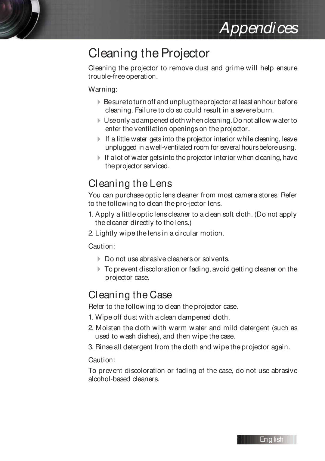 Optoma Technology TXR774 manual Cleaning the Projector, Cleaning the Lens 