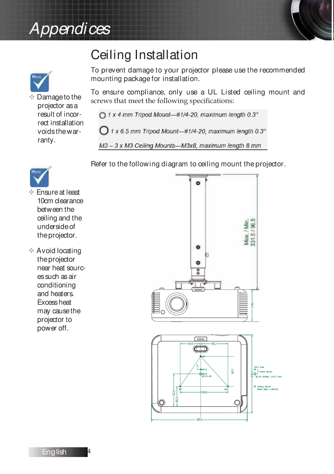 Optoma Technology TXR774 manual Ceiling Installation 