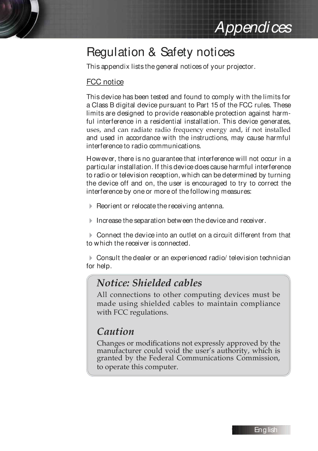 Optoma Technology TXR774 manual Regulation & Safety notices, FCC notice 