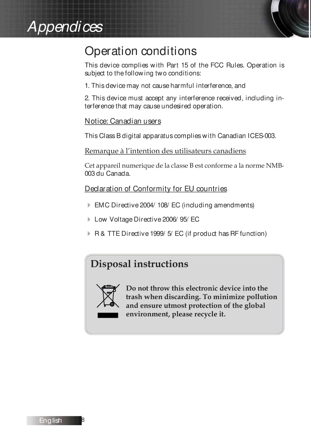 Optoma Technology TXR774 manual Operation conditions, Declaration of Conformity for EU countries 