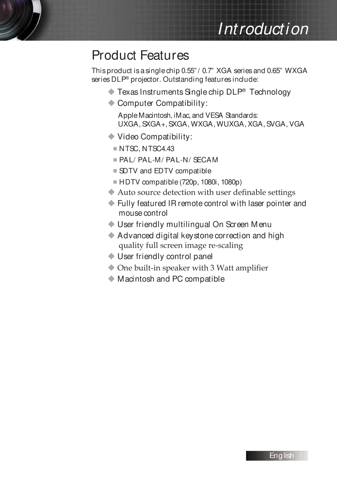 Optoma Technology TXR774 manual Introduction, Product Features 