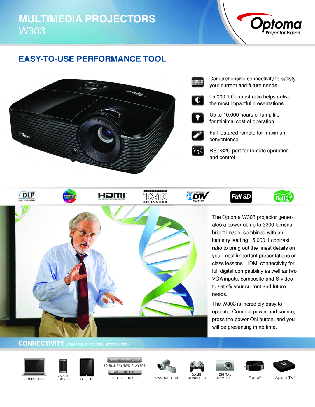 Optoma Technology W303 manual Multimedia Projectors 