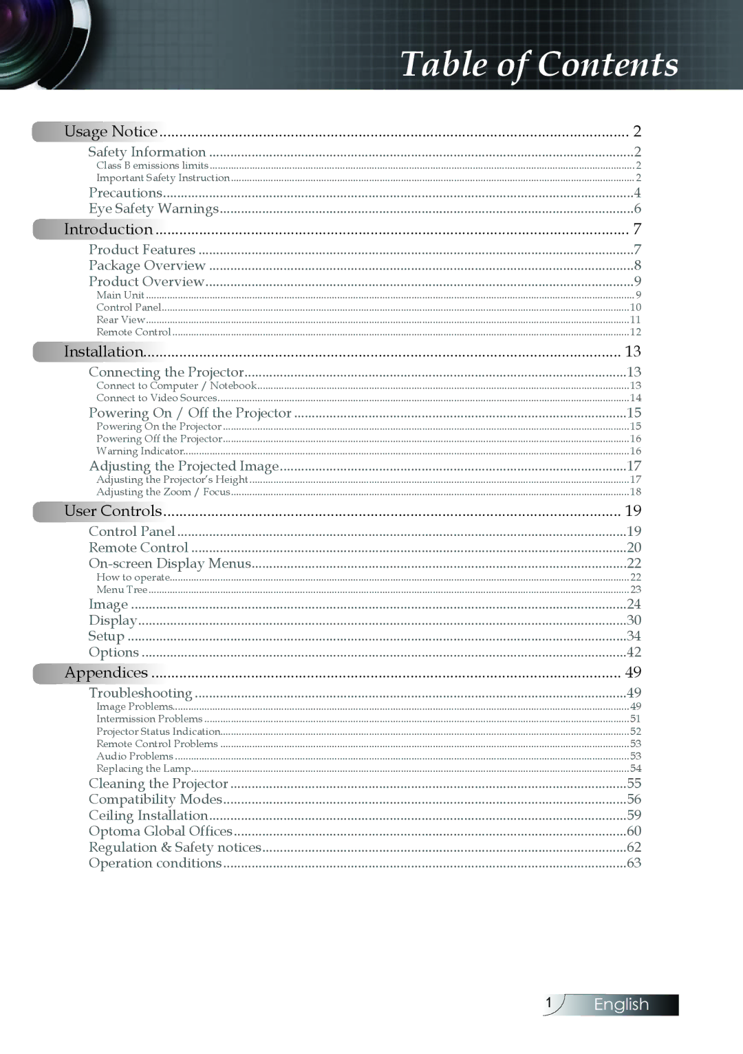 Optoma Technology W304M manual Table of Contents 