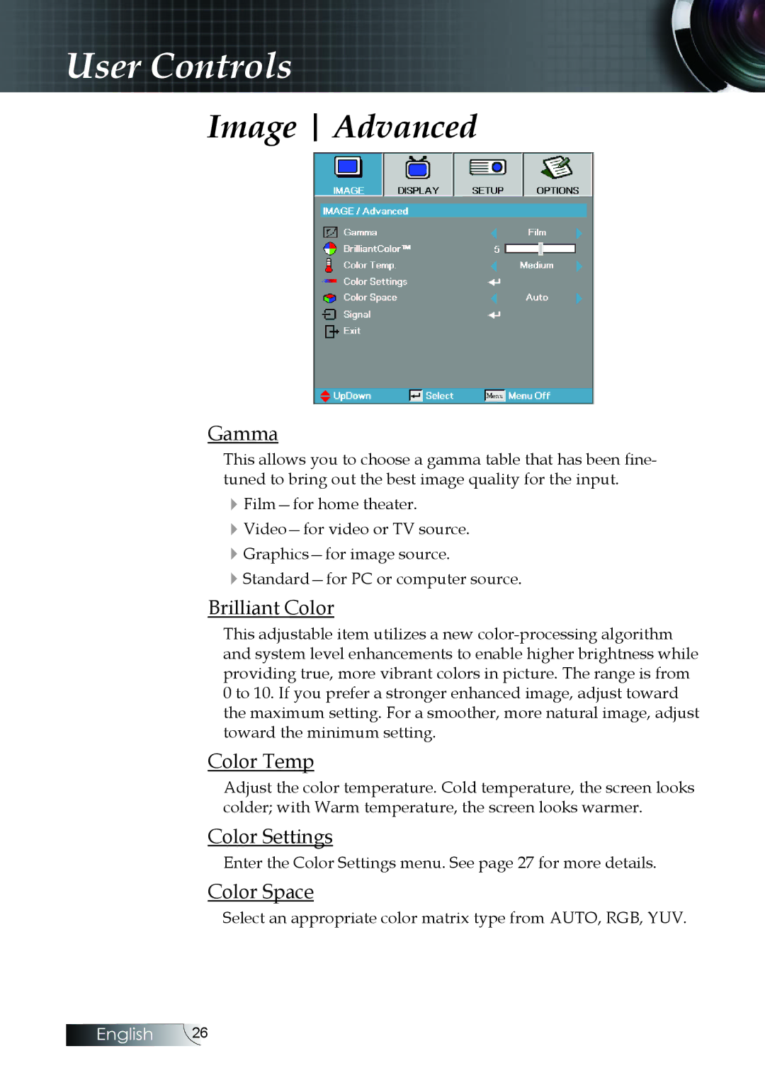 Optoma Technology W304M manual Image Advanced, Gamma, Color Temp, Color Settings, Color Space 