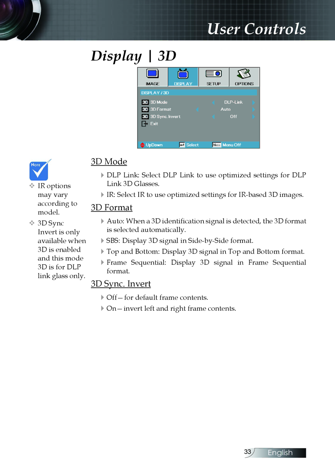 Optoma Technology W304M manual Display 3D, 3D Mode, 3D Sync. Invert 