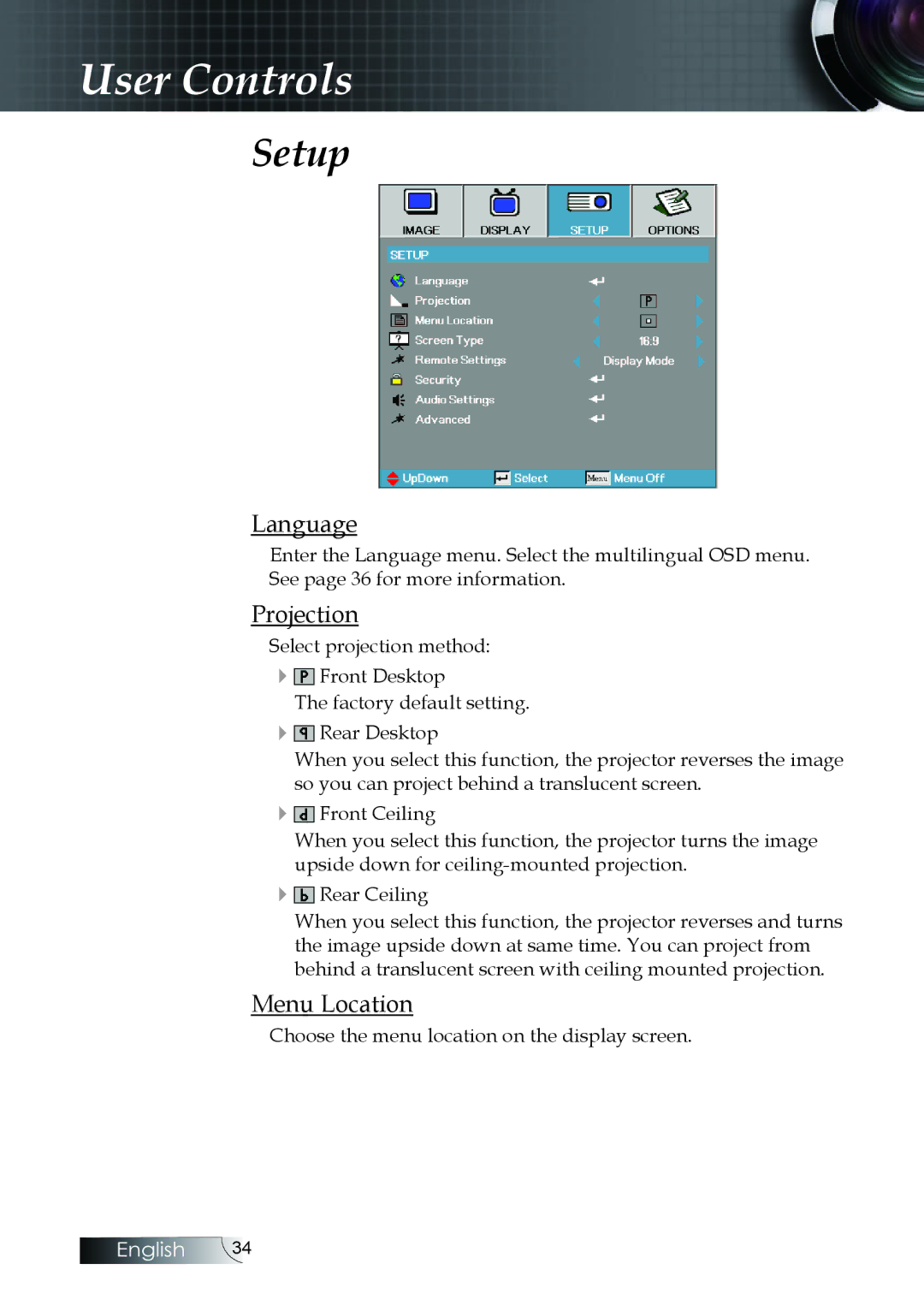 Optoma Technology W304M manual Setup, Language, Projection, Menu Location 