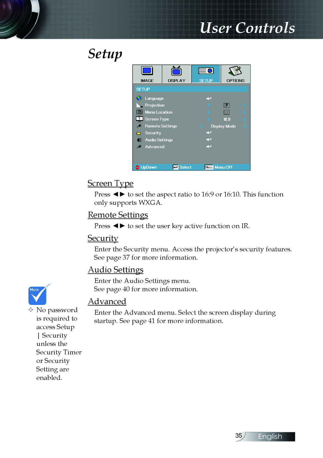 Optoma Technology W304M manual Screen Type, Remote Settings, Security, Audio Settings 