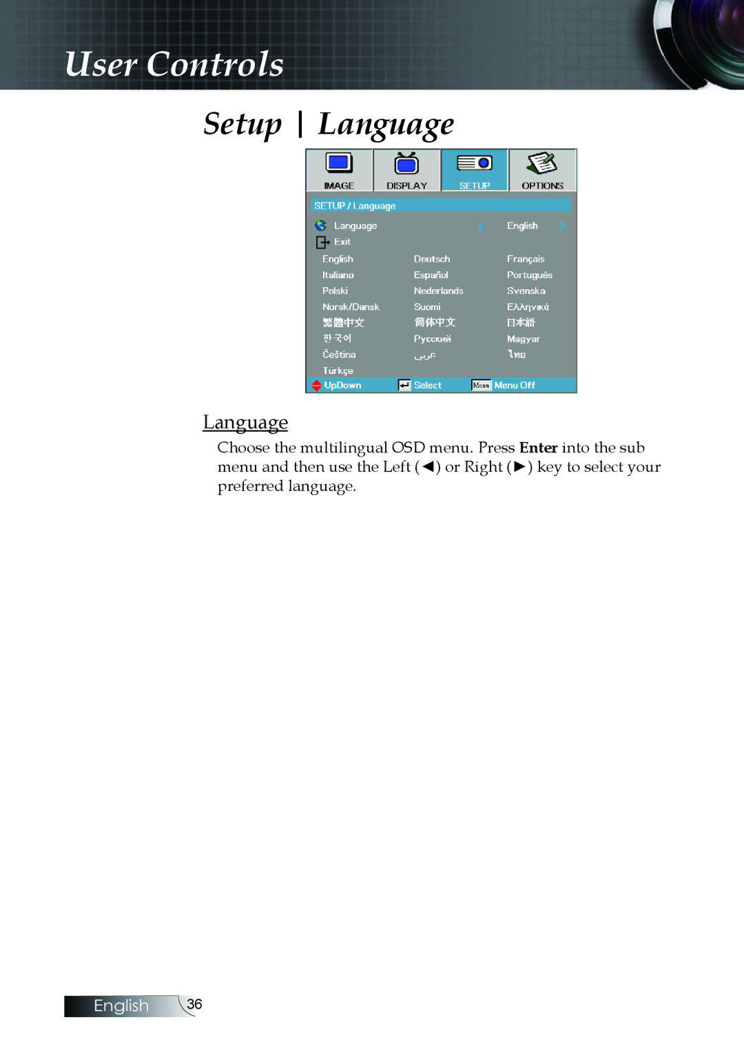 Optoma Technology W304M manual Setup Language 