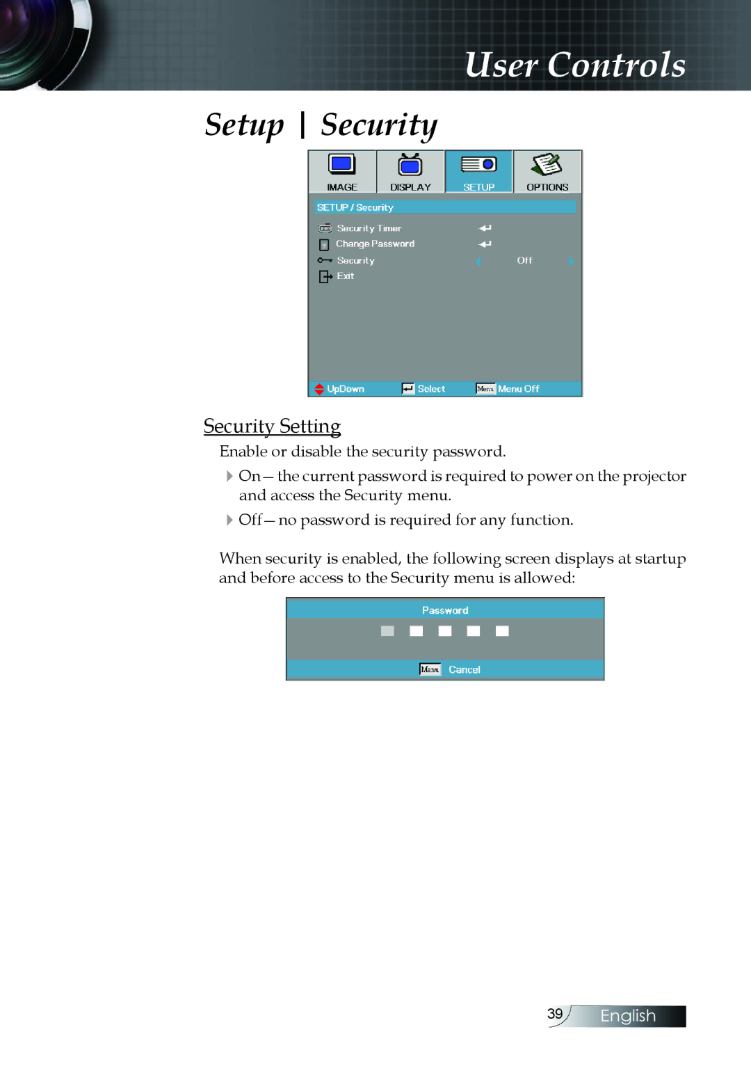 Optoma Technology W304M manual Security Setting 