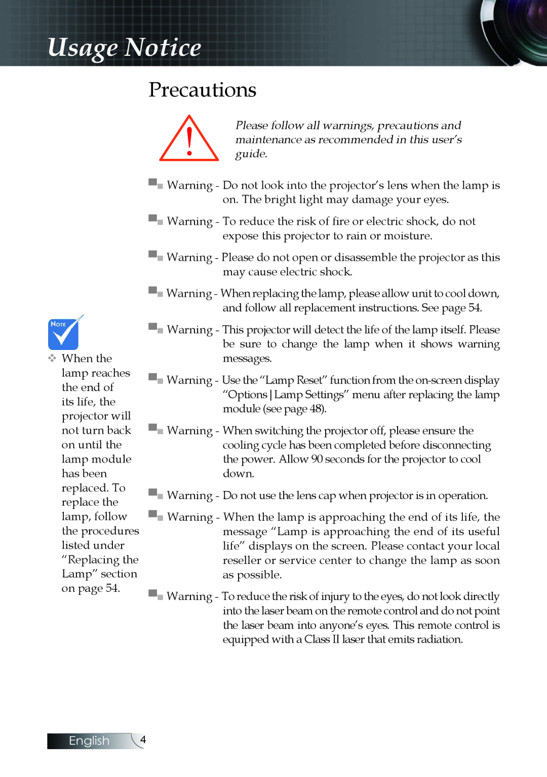 Optoma Technology W304M manual Precautions 