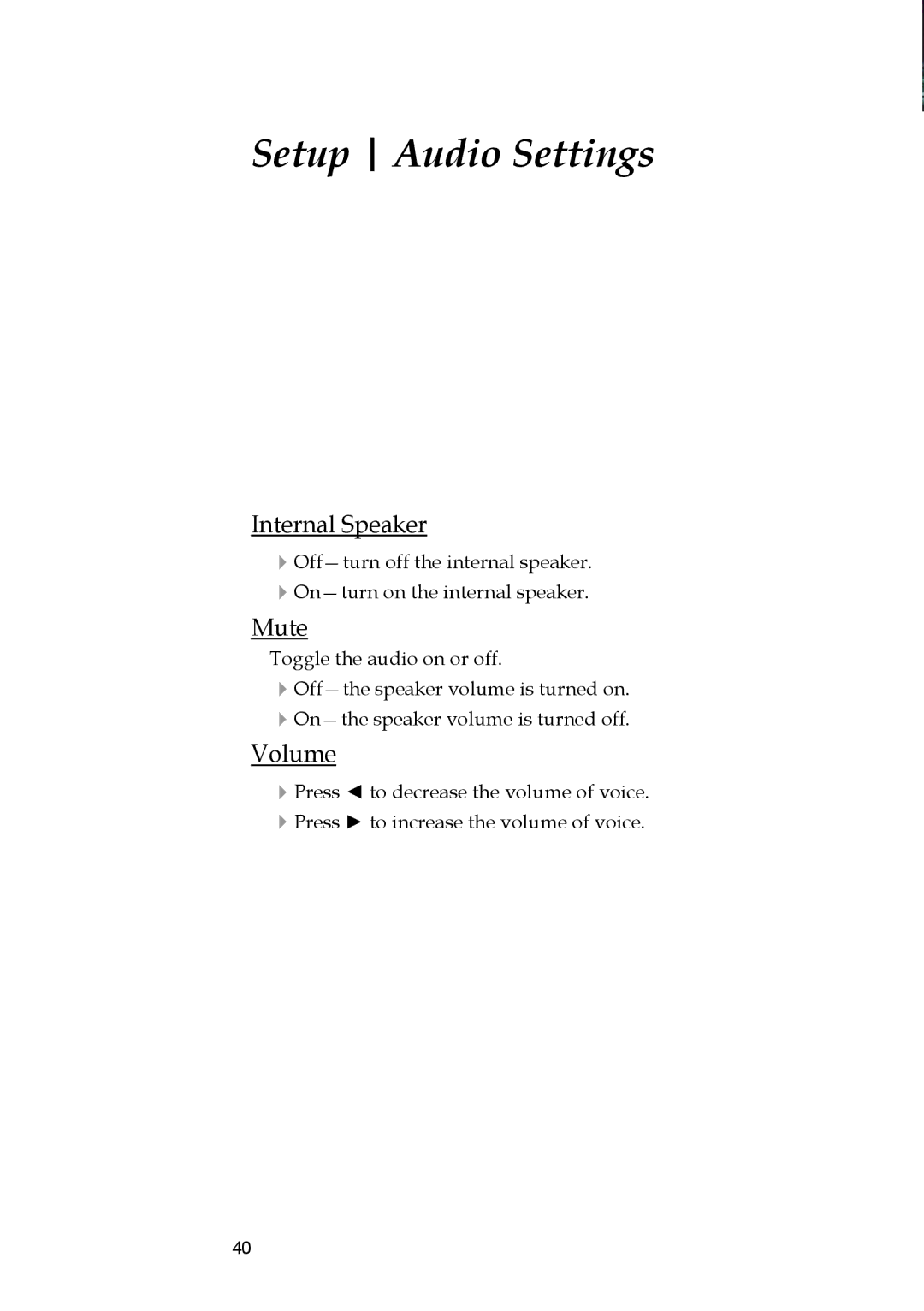 Optoma Technology W304M manual Setup Audio Settings, Internal Speaker 